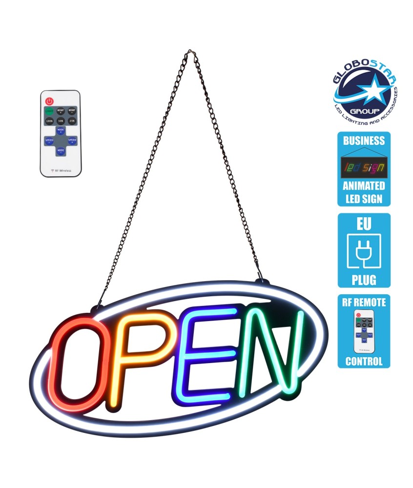 GloboStar® 85858 Φωτιστικό Ταμπέλα Φωτεινή Επιγραφή NEON LED Σήμανσης Animated Ovale OPEN 30W AC 230V με Διακόπτη On-Off και Ασύρματο Χειριστήριο IR Λευκό - Κόκκινο - Πράσινο - Κίτρινο - Γαλάζιο